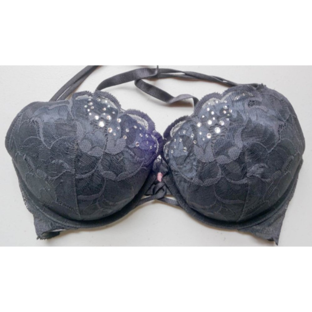 Victoria's Secret Bra Black Lace Rhinestone Detailing Size 34D